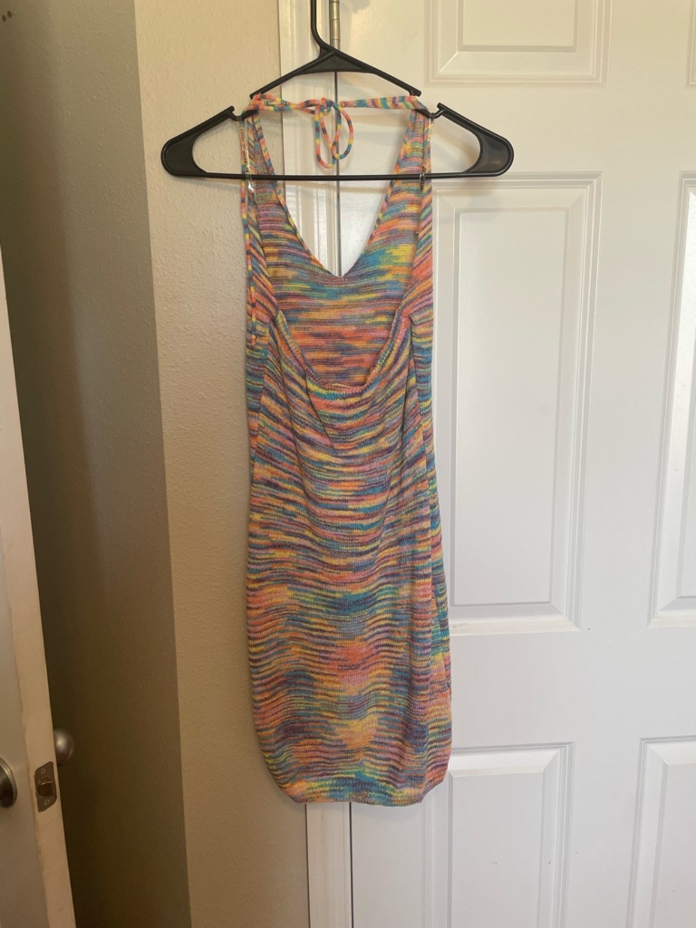Rehab Lab Rainbow Knit Halter Mini Dress NWT Size Large Colorful Open Back